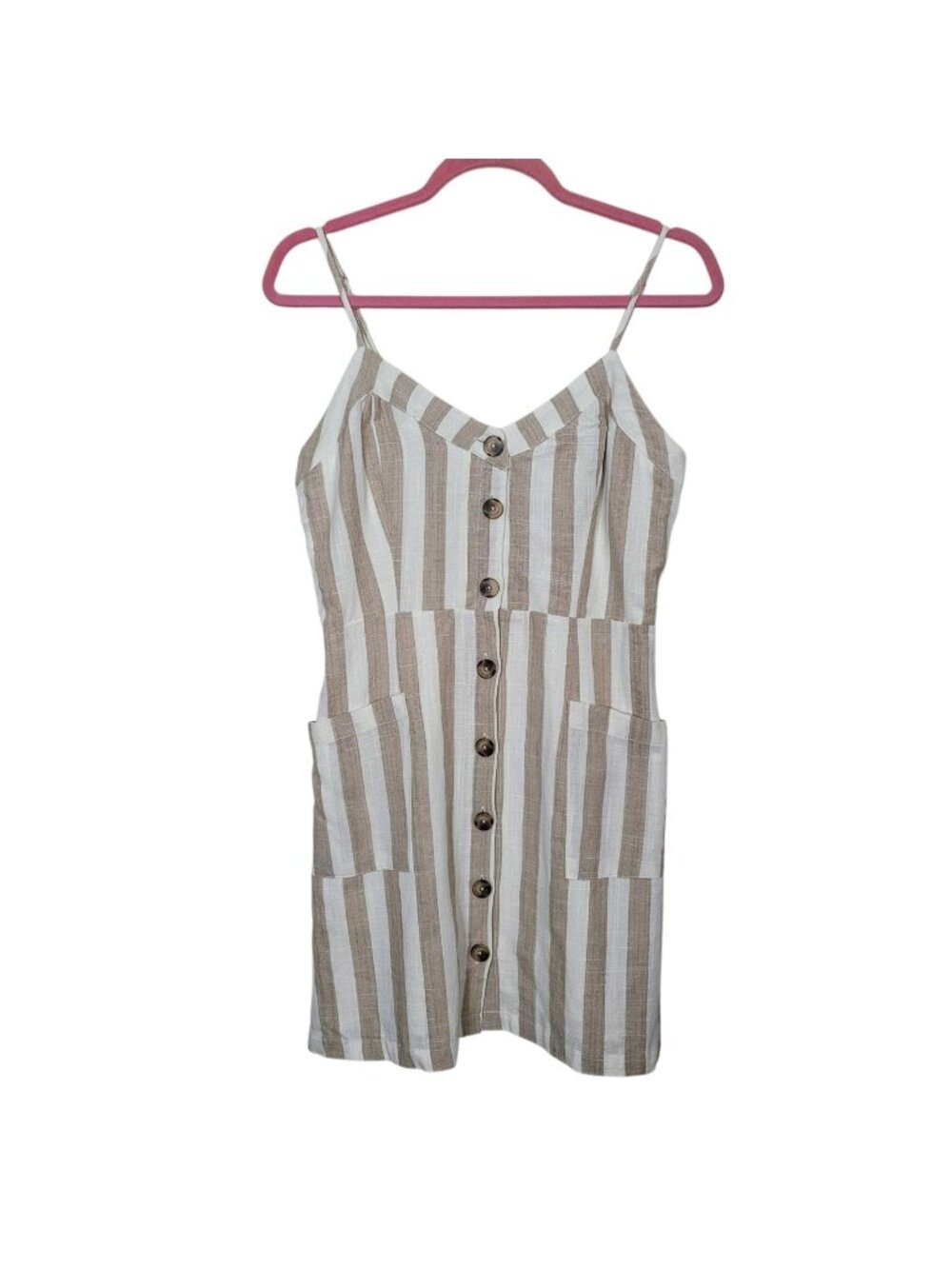 Lulus On The Pier Button Front Mini Dress Tan & White Linen Blend Coastal Sz Sm